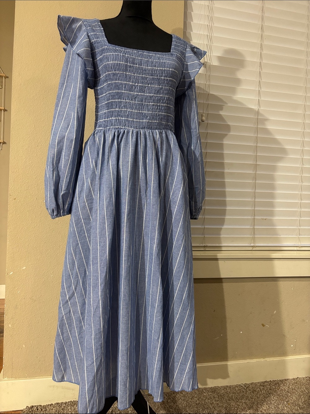Simplicity Blue Striped Smocked Square-Neck Maxi Dress